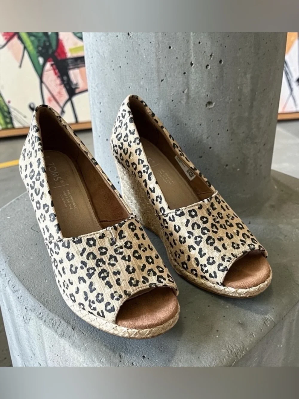 Toms Tan and Black Leopard Animal Print Wedge Peep Toe Sandals
